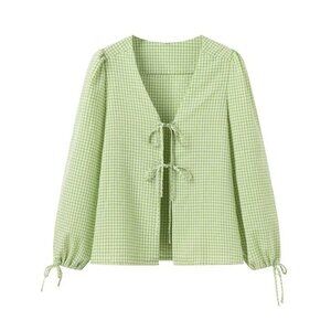 Green Gingham Kathryn Plaid Front Tie Top - Small